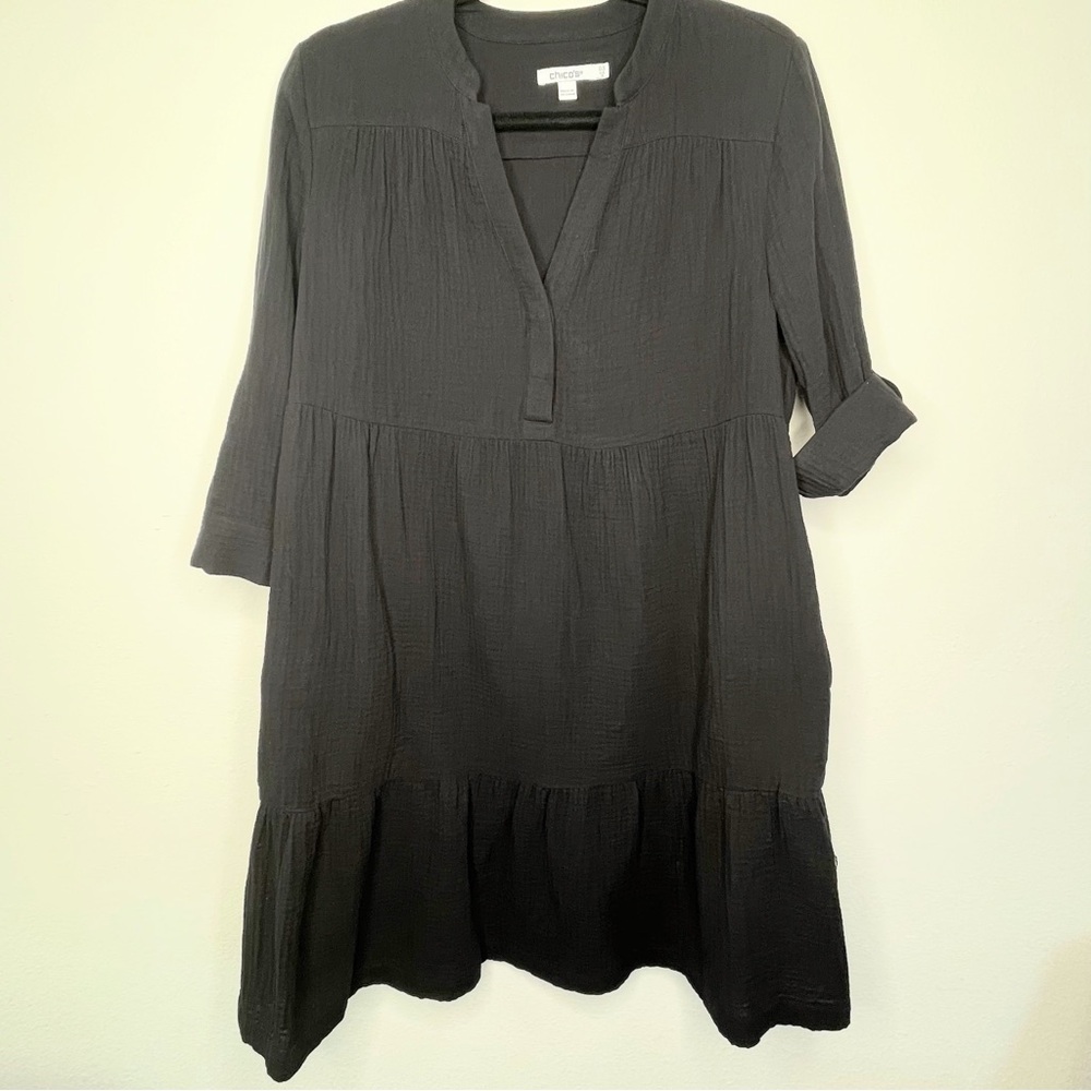 Chico’s Black Short Sleeve‎ Dress Tiered Cotton Gauze Midi Pockets Beach Size .5